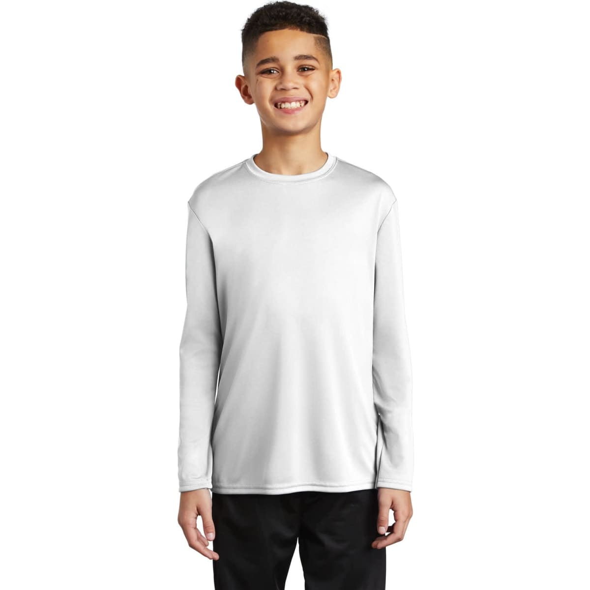A youth long sleeve performance tee in white, featuring a logo and a simple, classic design.