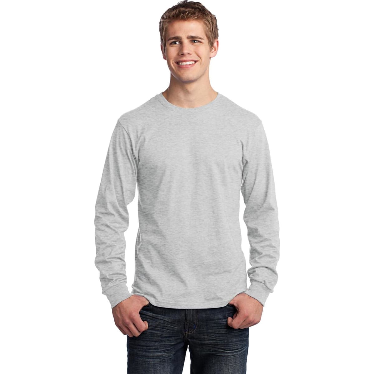 A long sleeve, light grey cotton t-shirt with a logo, worn by a smiling man.