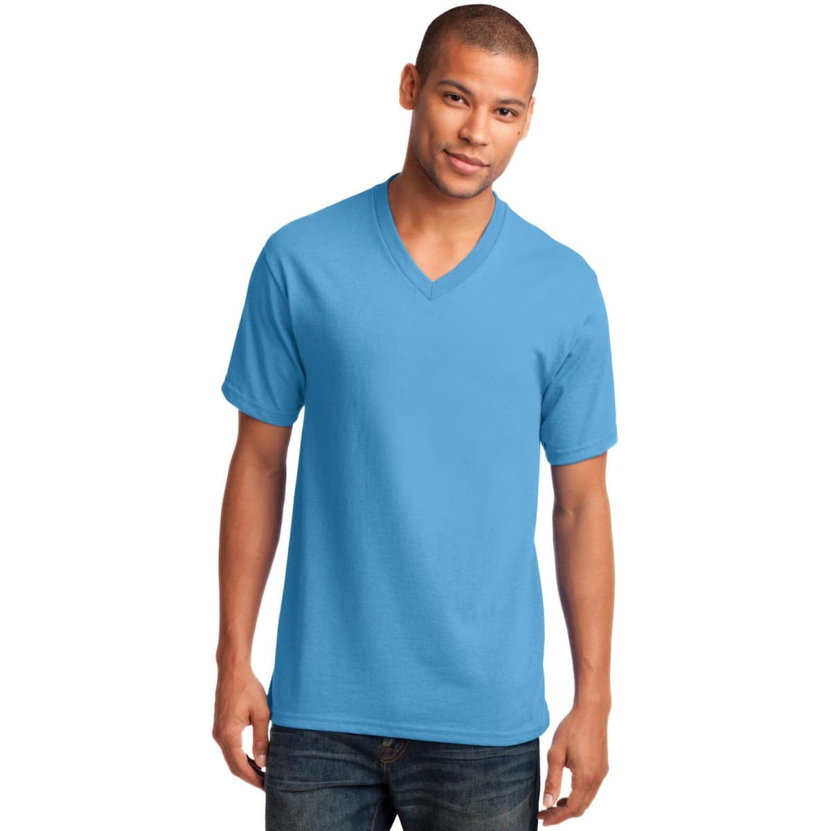 A man wearing a light blue v-neck t-shirt. The shirt has a logo on it and features short sleeves.