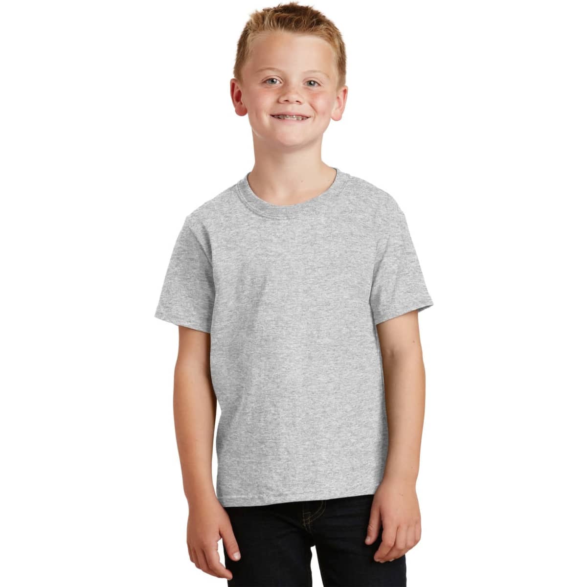 A youth grey cotton t-shirt featuring short sleeves and a round neckline, with a logo on the front.