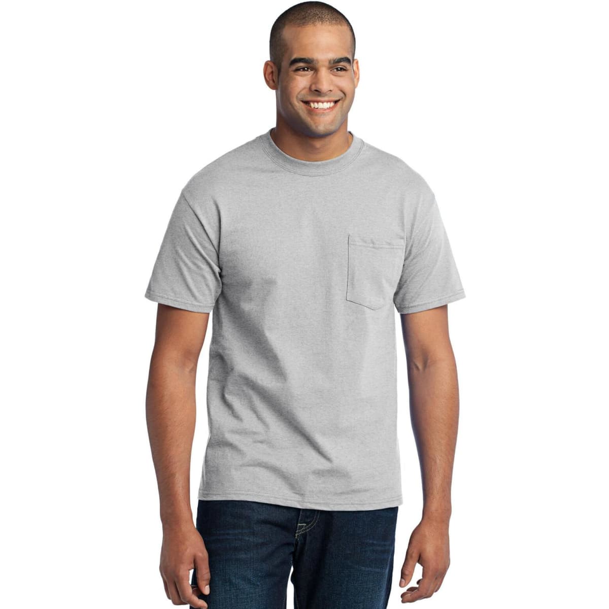A grey, short-sleeved t-shirt with a pocket, worn by a smiling man, featuring a logo on the shirt.