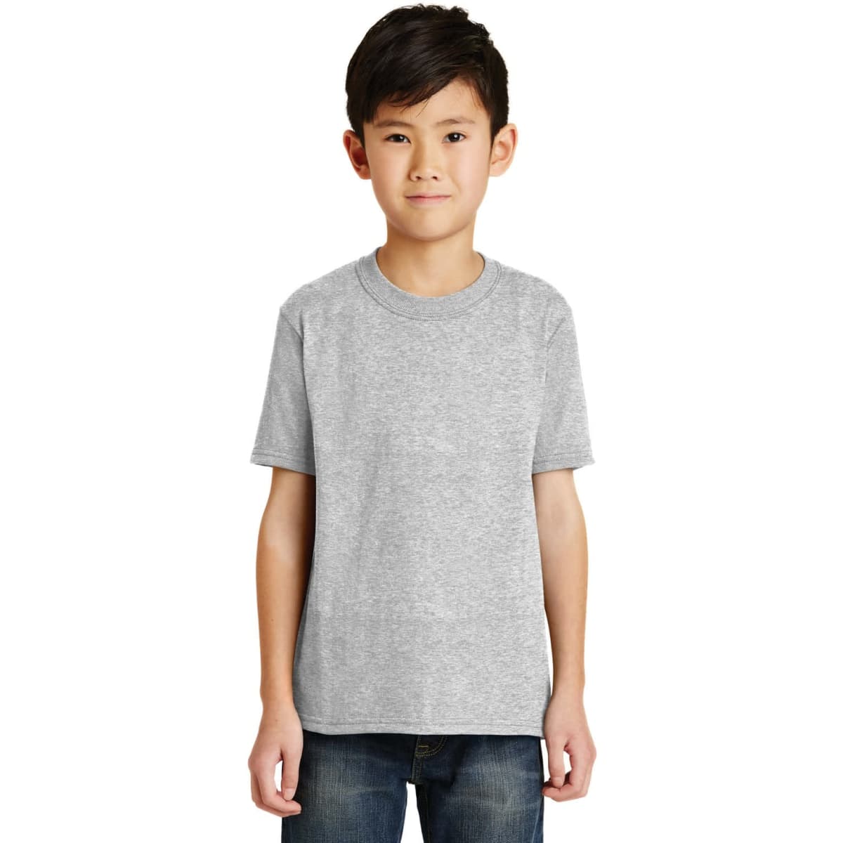 A youth grey T-shirt with short sleeves displayed on a child model, featuring a simple design.