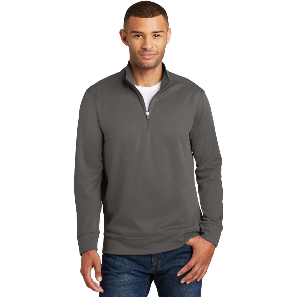 A grey quarter-zip pullover sweatshirt on a model, featuring a simple design and a logo.