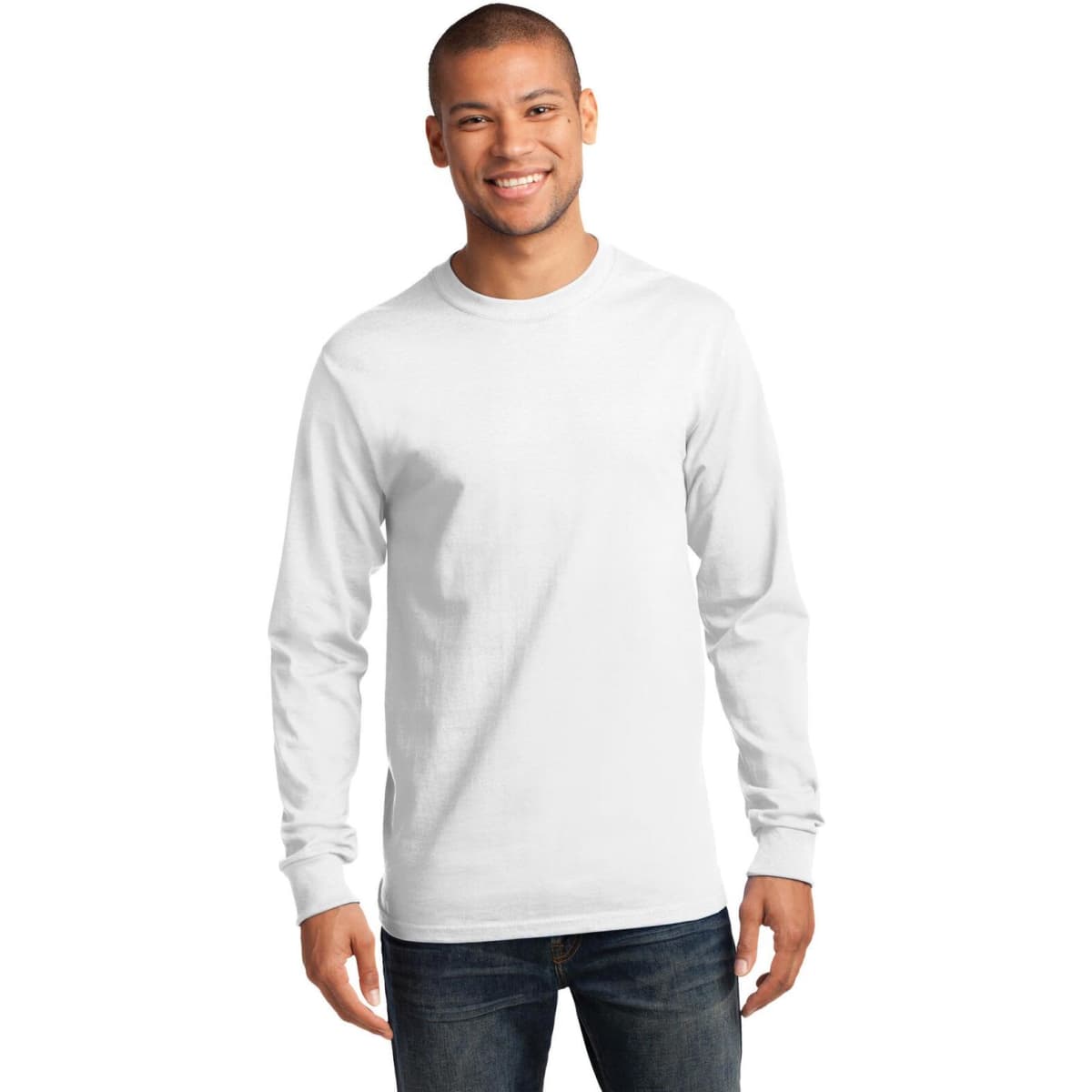 A long sleeve essential tee in white, modelled by a smiling man, featuring a simple design and a logo.