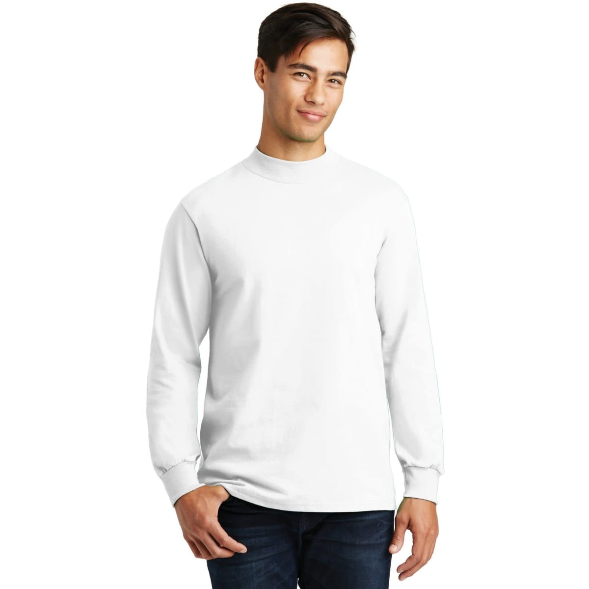 A white long-sleeved mock turtleneck shirt worn by a model, featuring a simple design and a logo.
