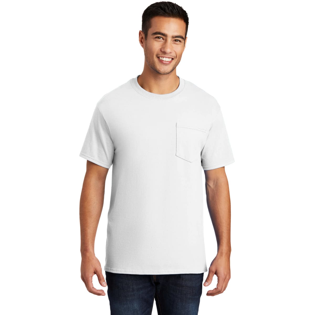 A man wearing a grey short-sleeve t-shirt with a pocket. The shirt features a branding logo.