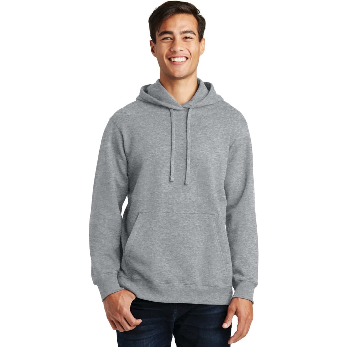 A grey hooded sweatshirt with a kangaroo pocket and a drawstring hood, modelled by a smiling man.