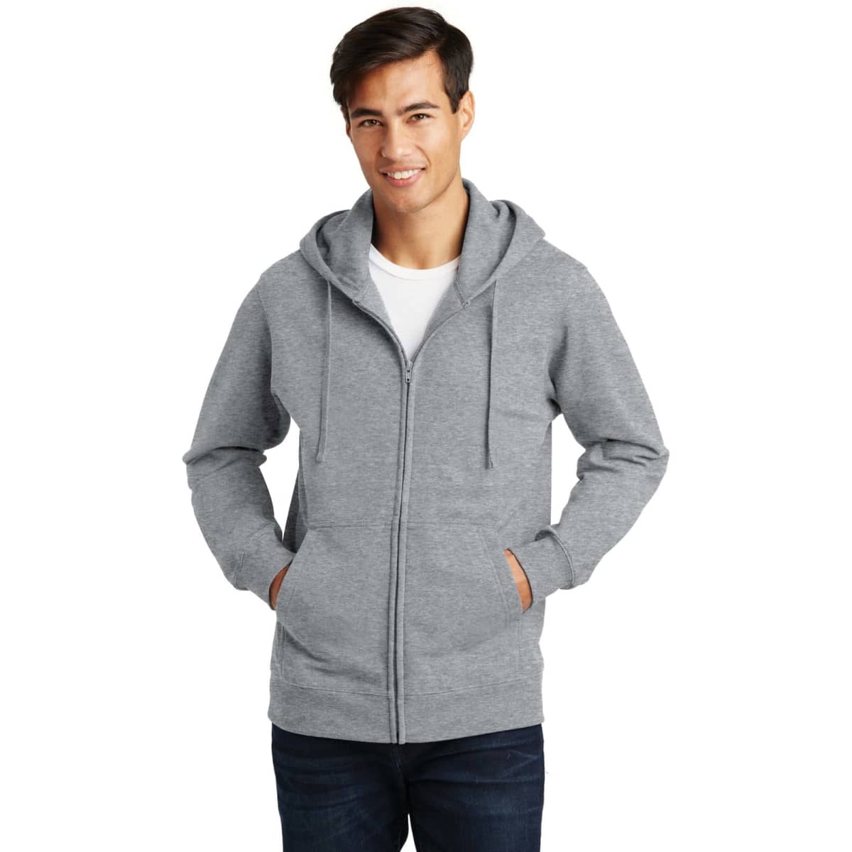 A grey full-zip hooded sweatshirt worn by a model with hands in pockets, featuring a hood and a logo.
