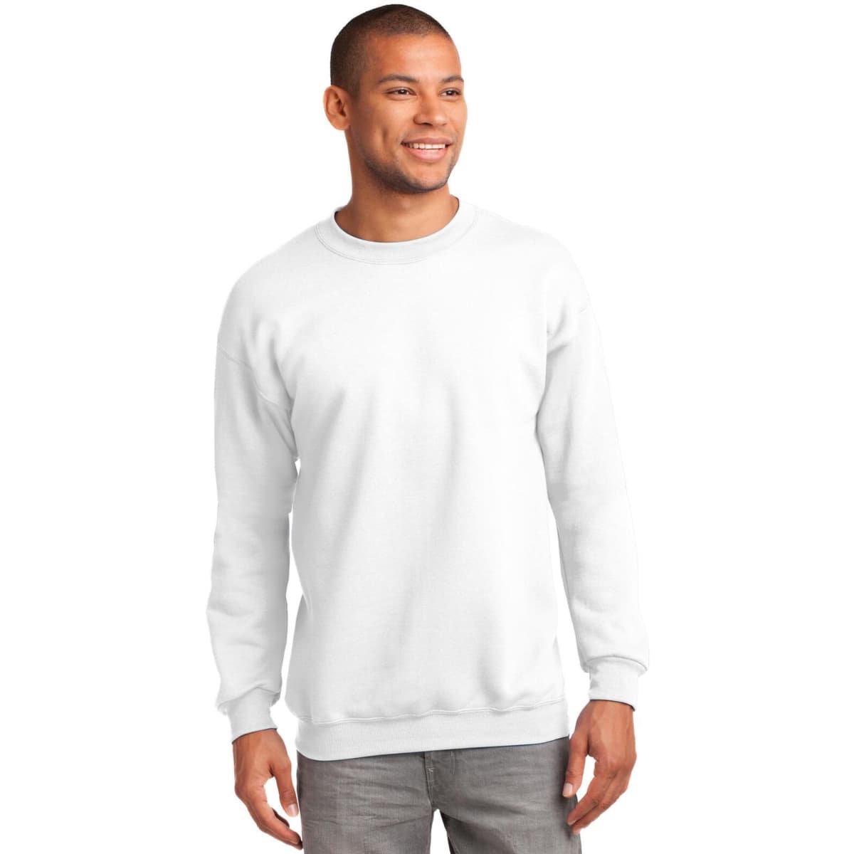A white crewneck sweatshirt on a model, featuring a simple design and a logo on the front.