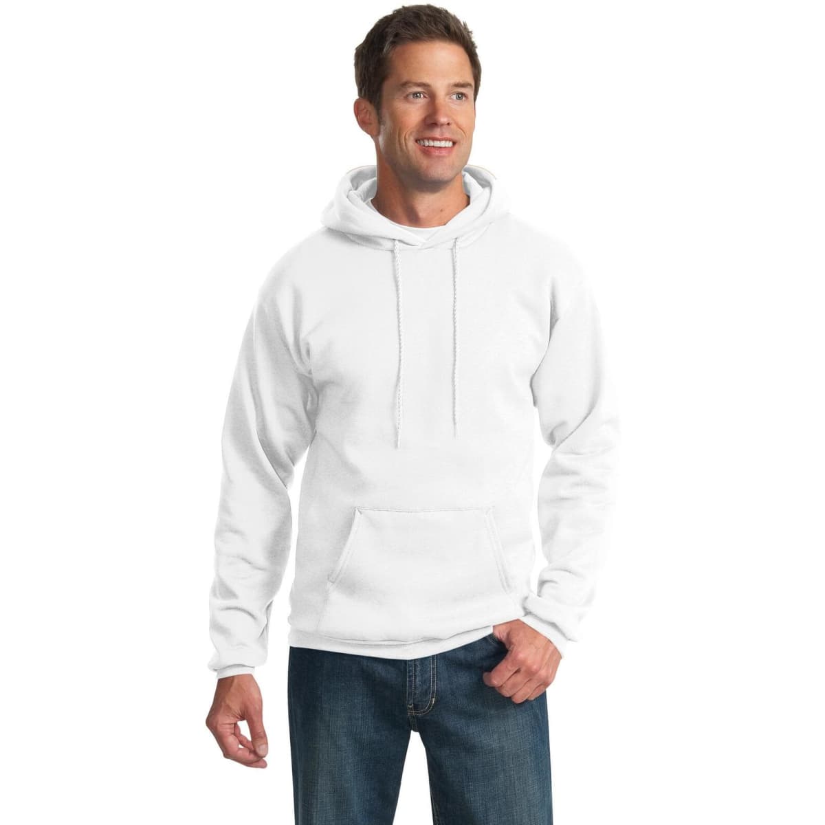 A white hooded sweatshirt with a front pocket, featuring a logo, worn by a smiling man.