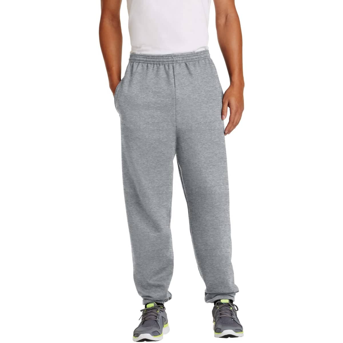 A pair of grey fleece sweatpants with pockets, featuring an elastic waistband. Suitable for casual wear.