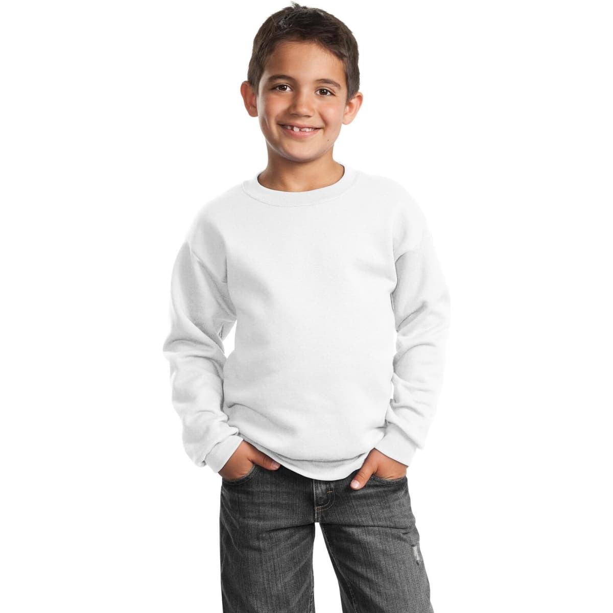 A white youth crewneck sweatshirt with long sleeves, featuring a logo and a relaxed fit.
