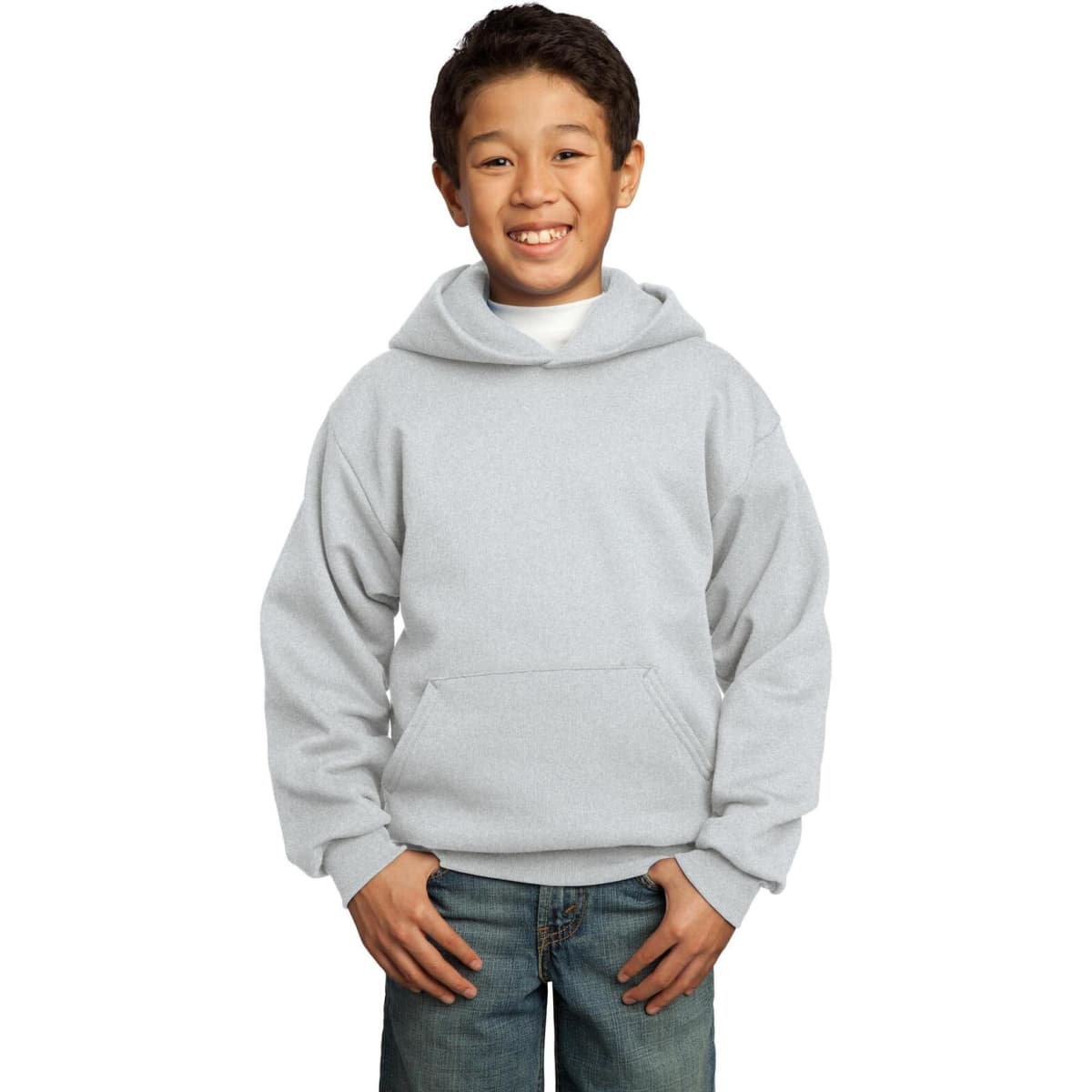 A youth grey fleece pullover hooded sweatshirt with a front pocket and a hood. It features a logo.