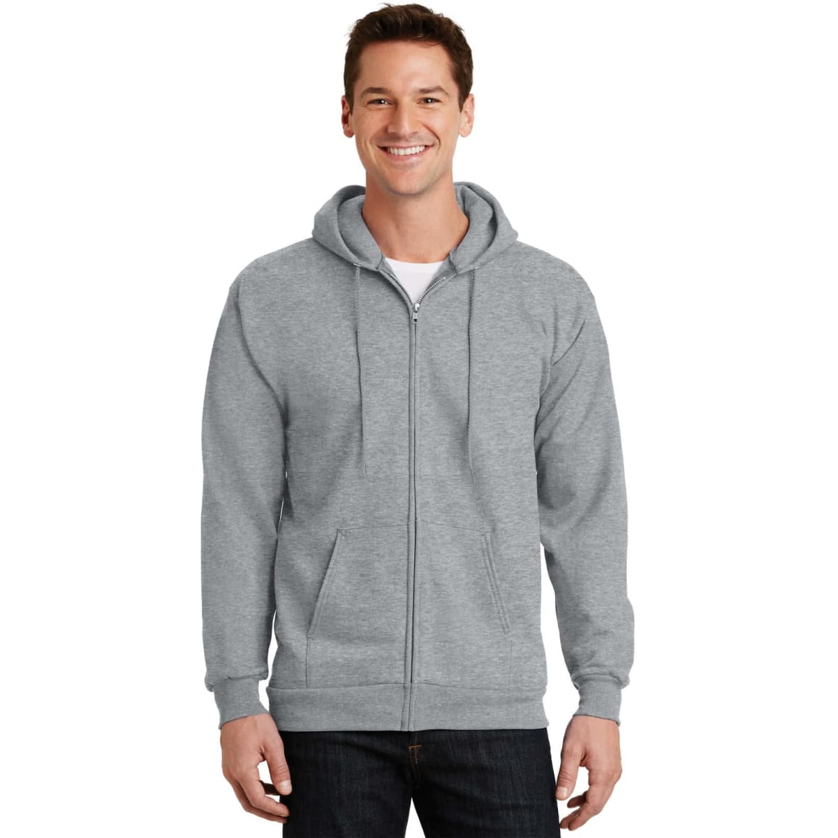A grey full-zip hooded sweatshirt with a front zipper and hood, featuring side pockets and a logo.