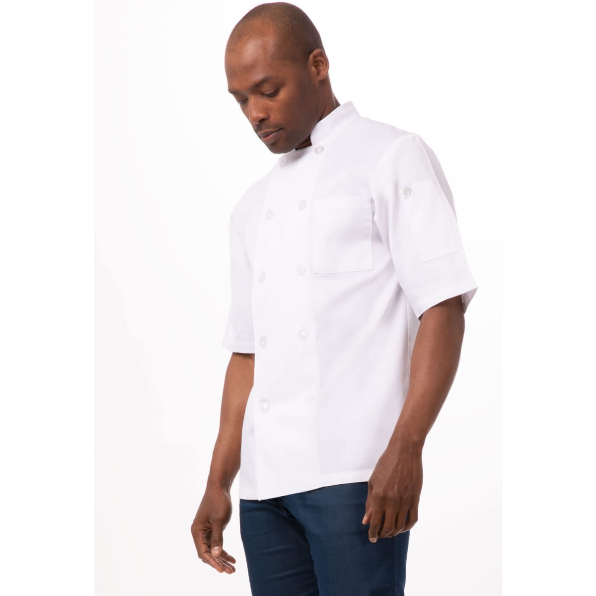 A white men's chef jacket with short sleeves, featuring a stand-up collar and two pockets, worn by a model.