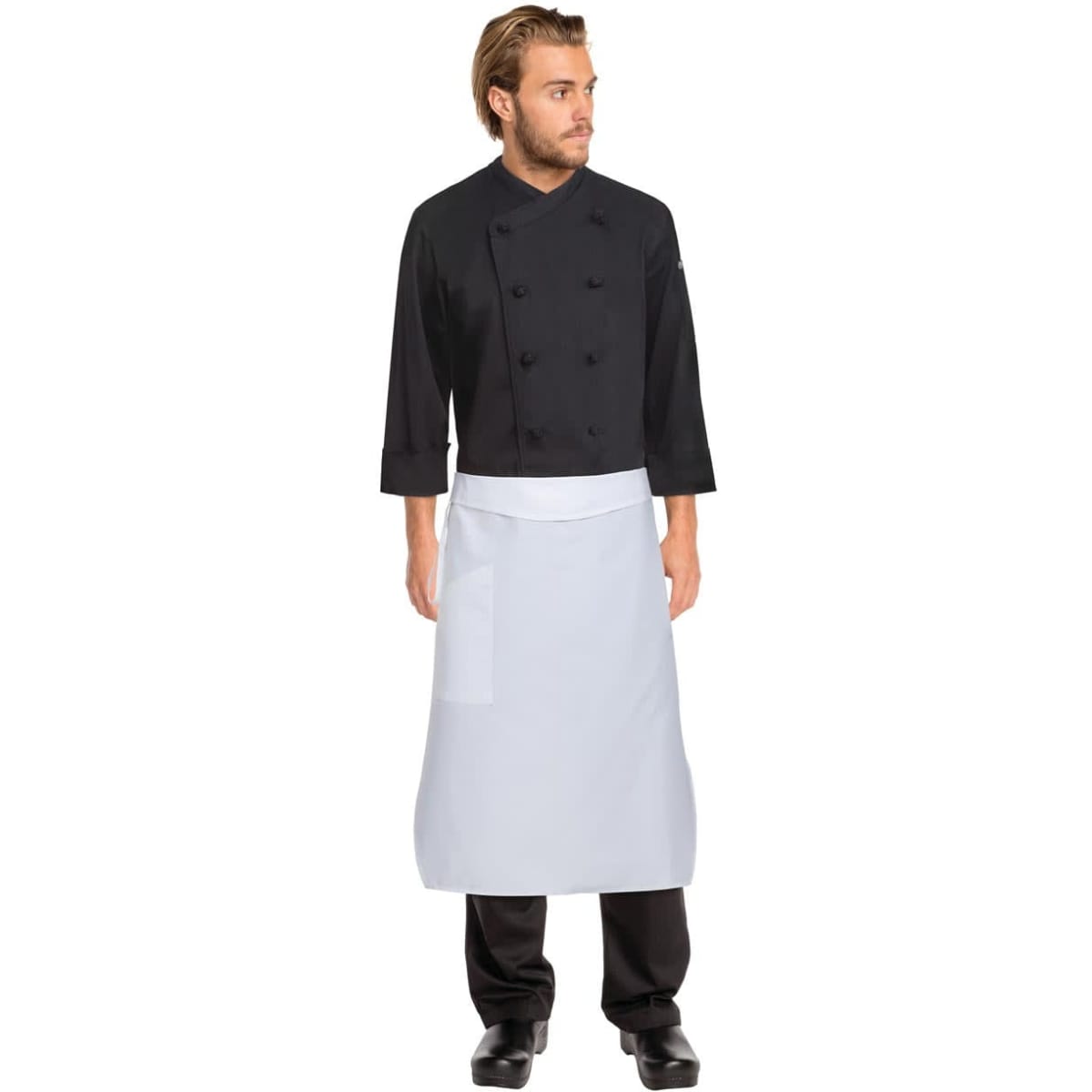 A white tapered apron with a flap, worn over black clothing, featuring a pocket and a logo.