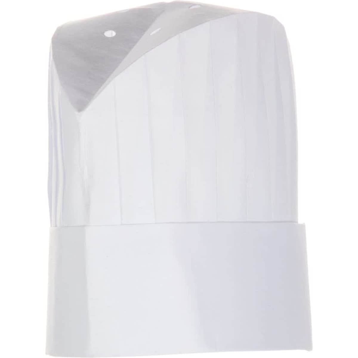 A white chef's hat with pleats, featuring a smooth top and a logo on the band.