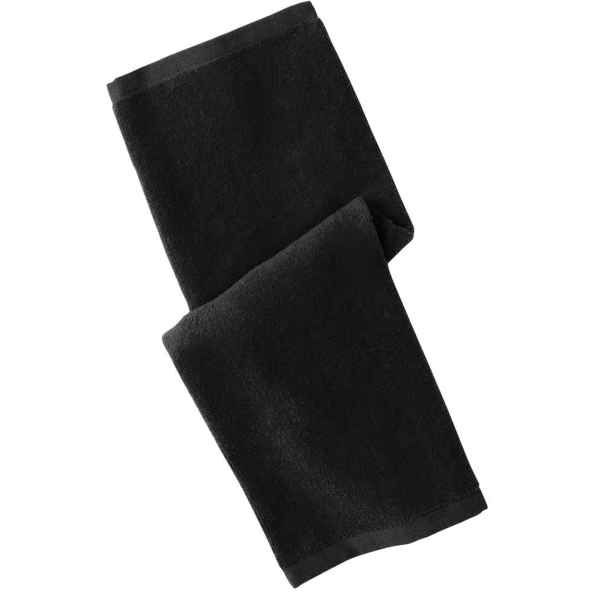 A black hemmed towel, folded neatly with a simple design. The towel has a branding logo.