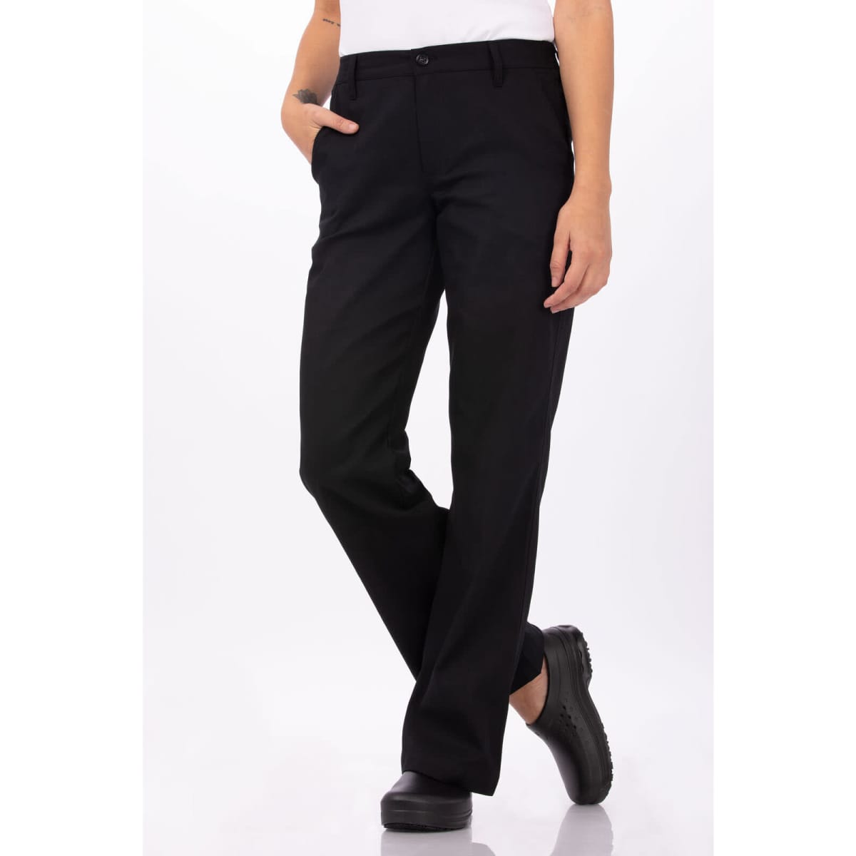 Black women's chef pants with a straight leg fit and pockets, featuring a logo on the waistband.