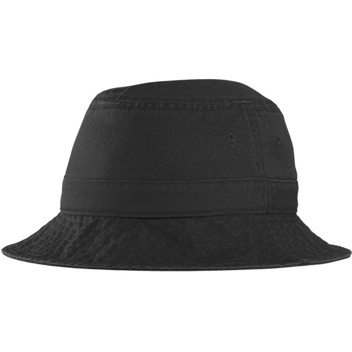 A black Port Authority bucket hat with a wide brim and a logo on the side.