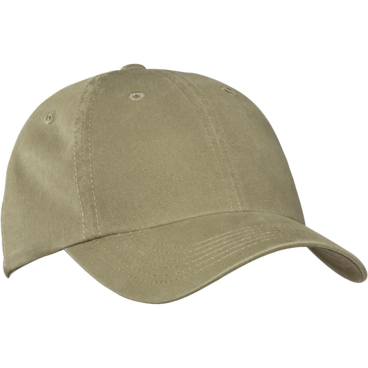 A khaki garment-washed cap with a curved brim and metal ventilation eyelets, featuring a logo.