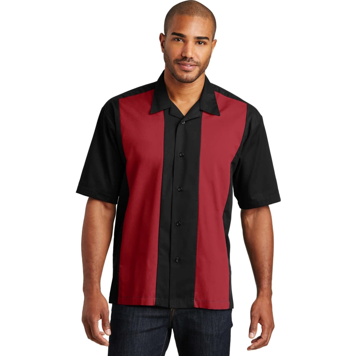 A button-up shirt featuring black and maroon panels, with a classic collar and short sleeves. It has a logo.