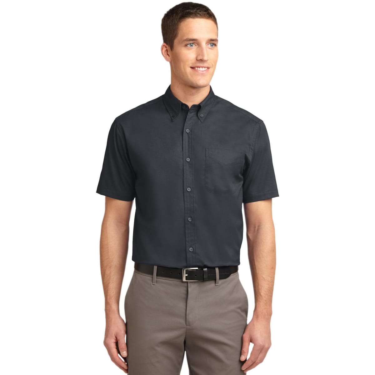 A short sleeve, button-up shirt in dark grey with a neat collar and a logo on the chest.