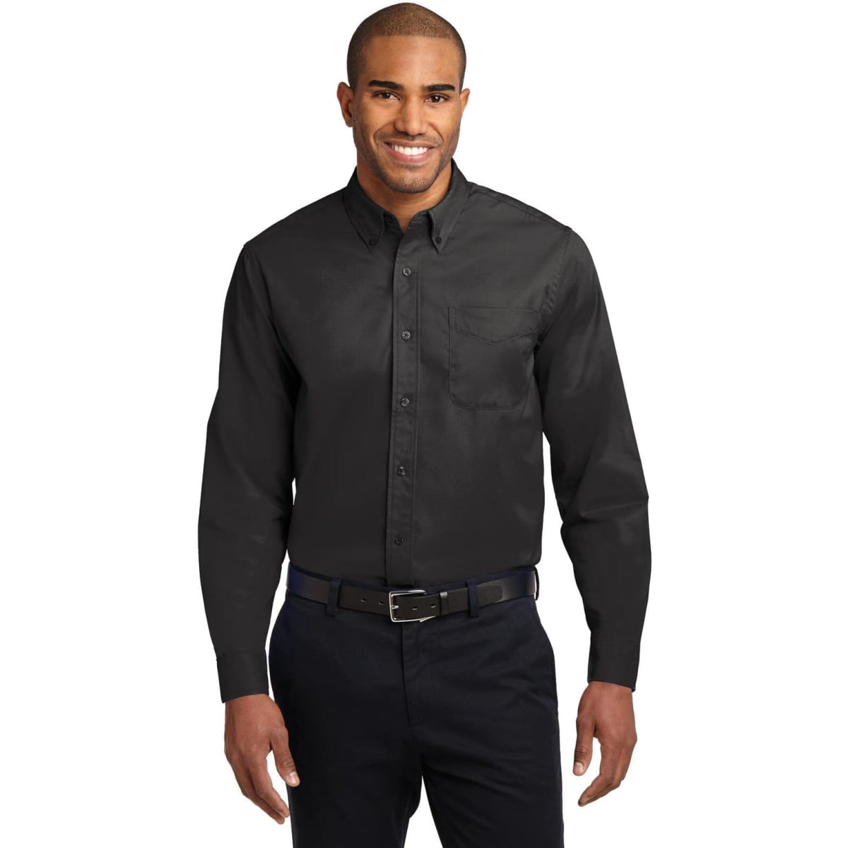 A long sleeve button-up shirt in black with a chest pocket and branding. Suitable for casual or formal settings.