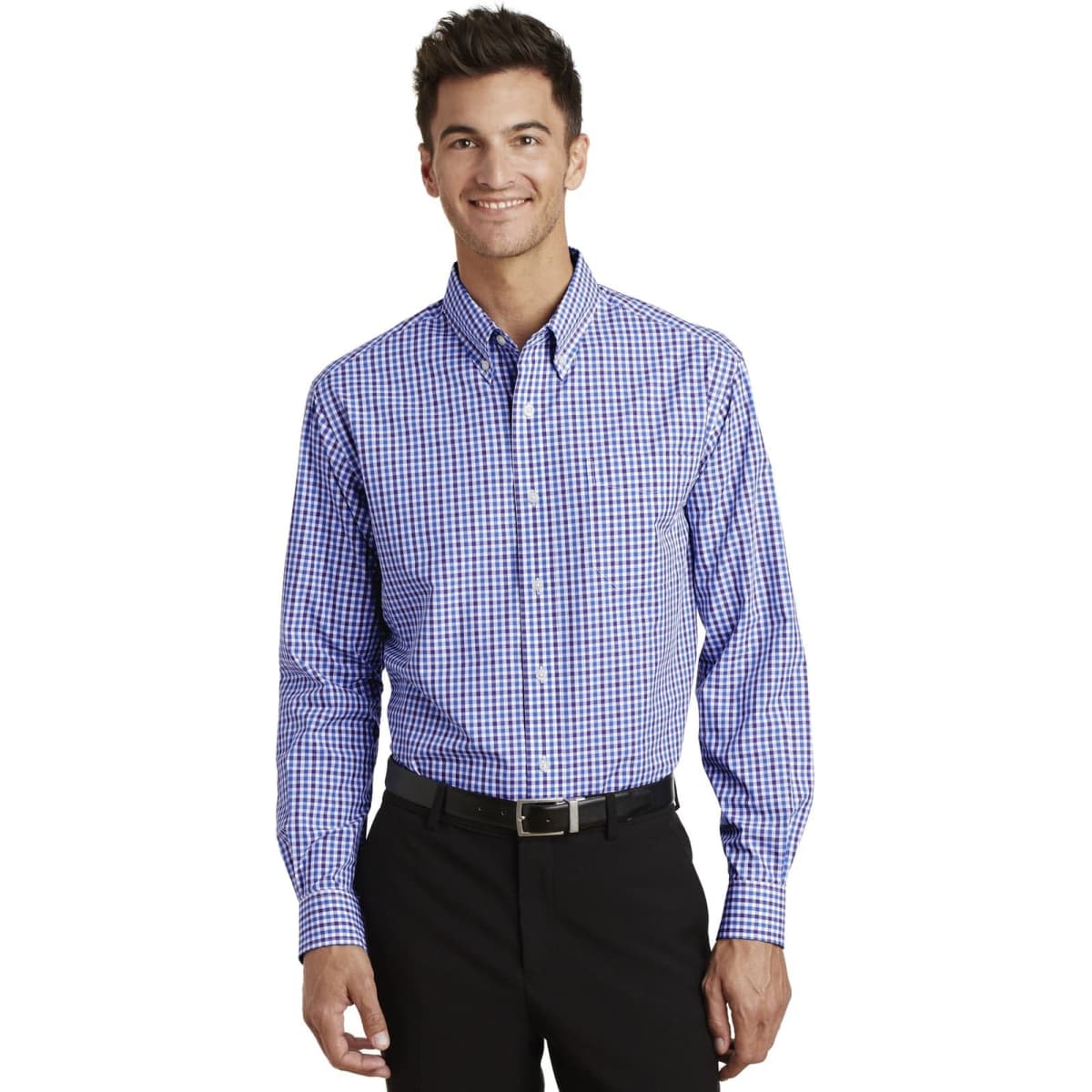 A model wearing a blue and white gingham long sleeve button-up shirt, paired with black trousers. The shirt features a logo.