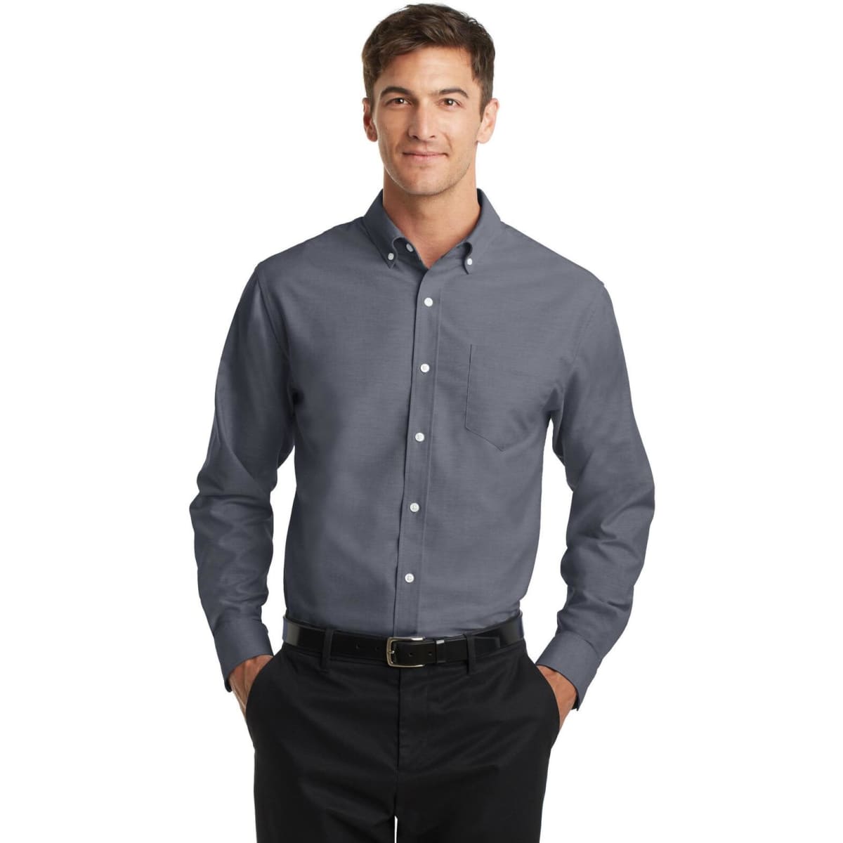 A button-up shirt in a dark grey shade, featuring a collar and a pocket, with a logo present.