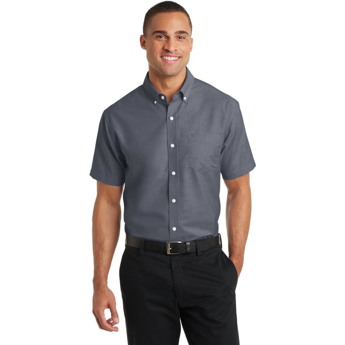 A short sleeve, button-up shirt in dark grey, featuring a pocket and a logo.
