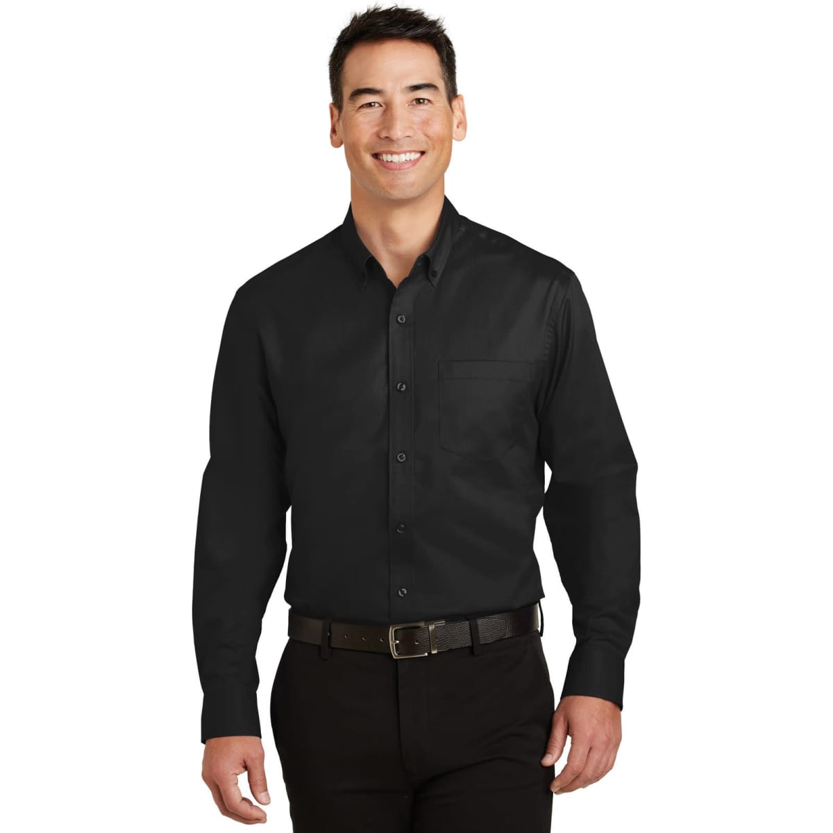 A black button-up shirt with a pocket, featuring long sleeves and a collar, worn by a smiling man.