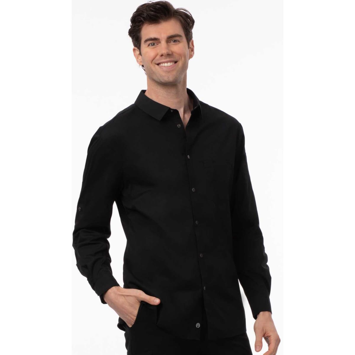 A black long-sleeve shirt for men, featuring a button-up design and a slim fit. It has a logo on the chest.