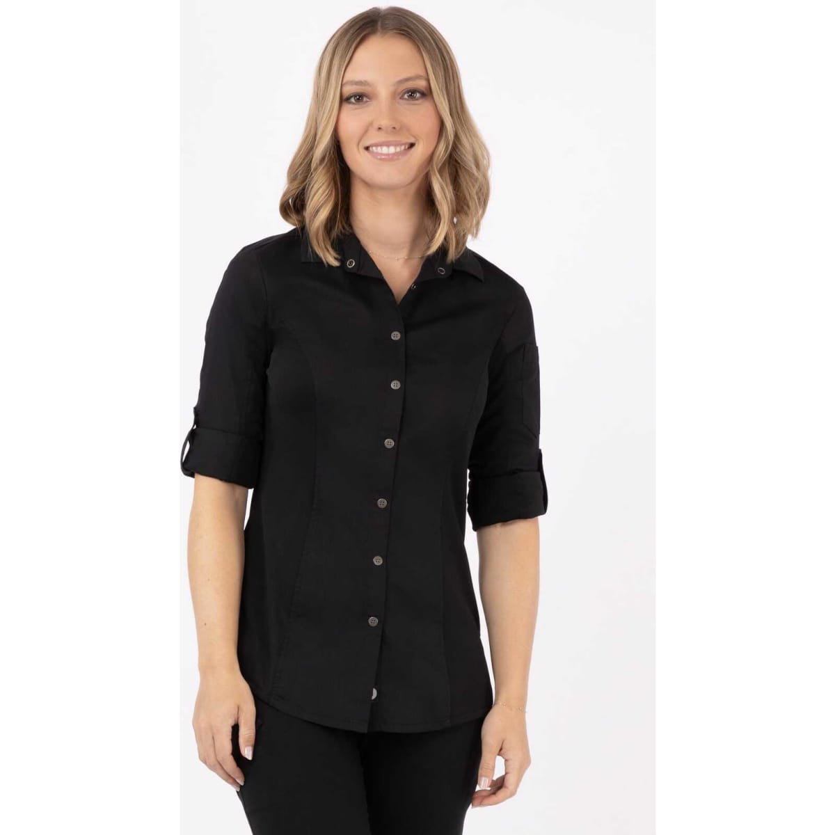 A black women's shirt with a button-up front and rolled sleeves, featuring a subtle logo.