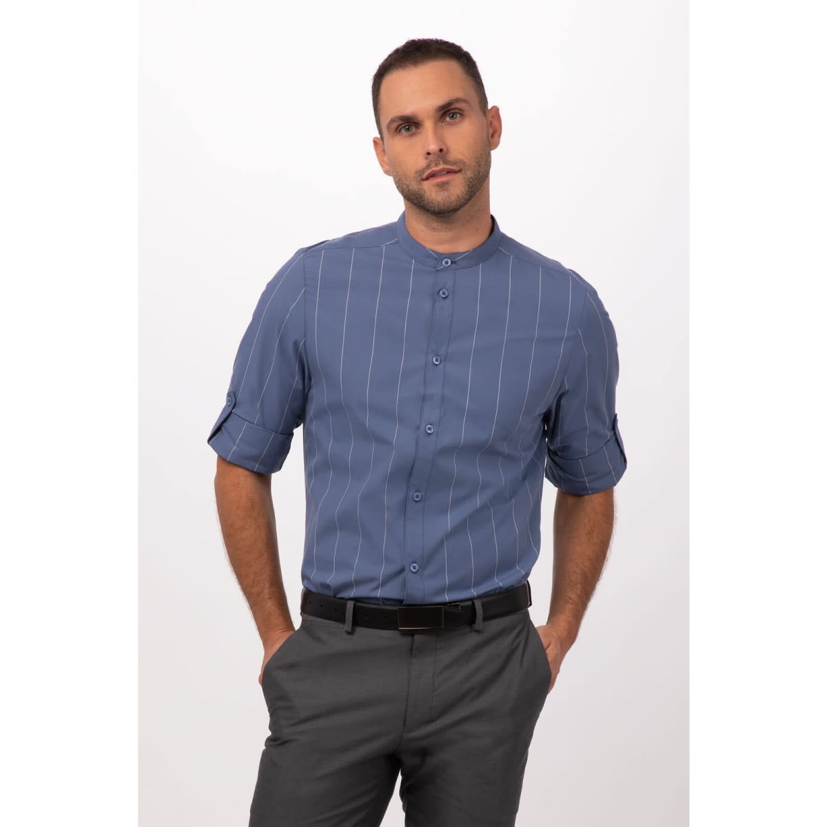 A blue button-up shirt with vertical stripes and rolled sleeves, featuring a collar and a logo.