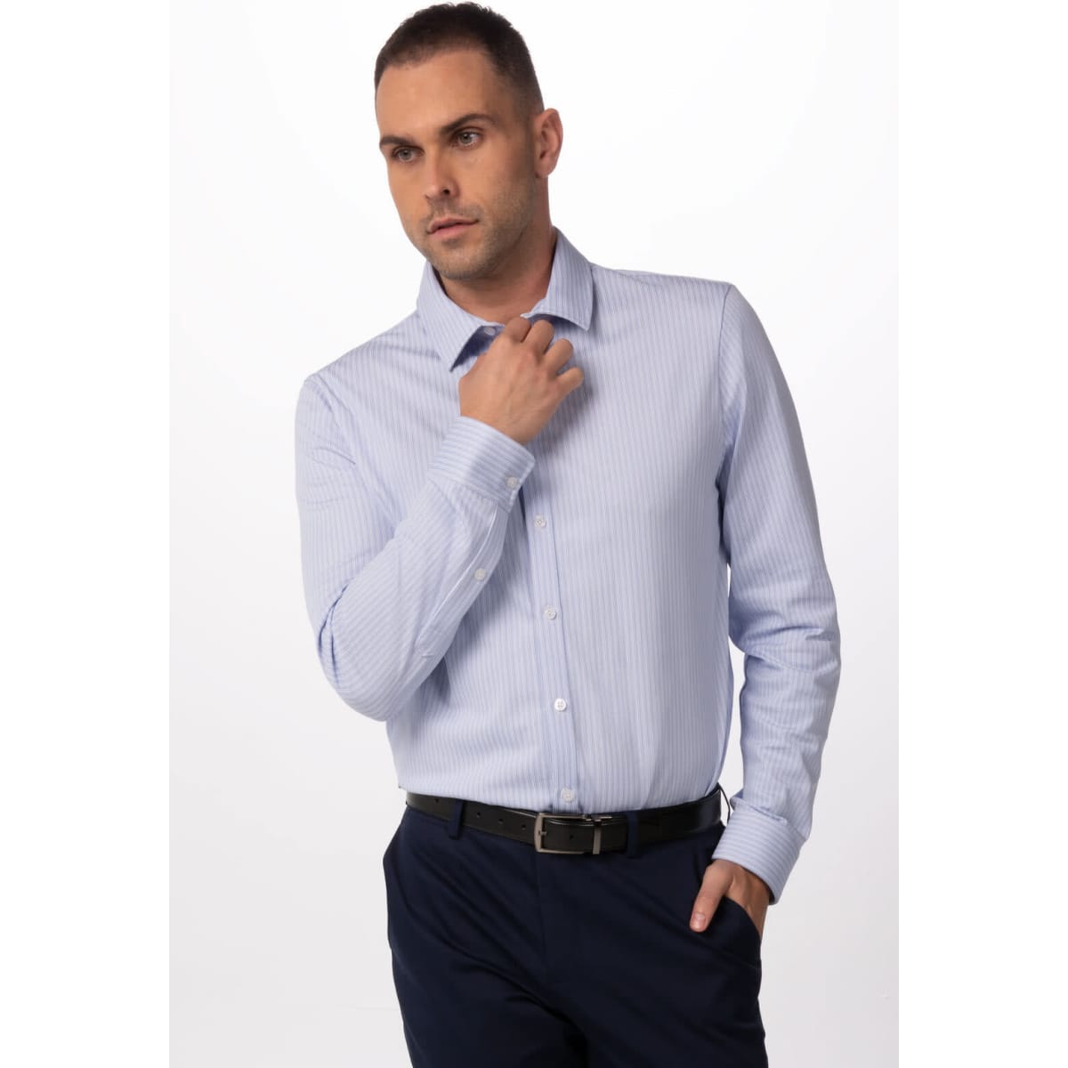 A light blue button-up shirt with a striped pattern and a branding logo, modelled by a man.
