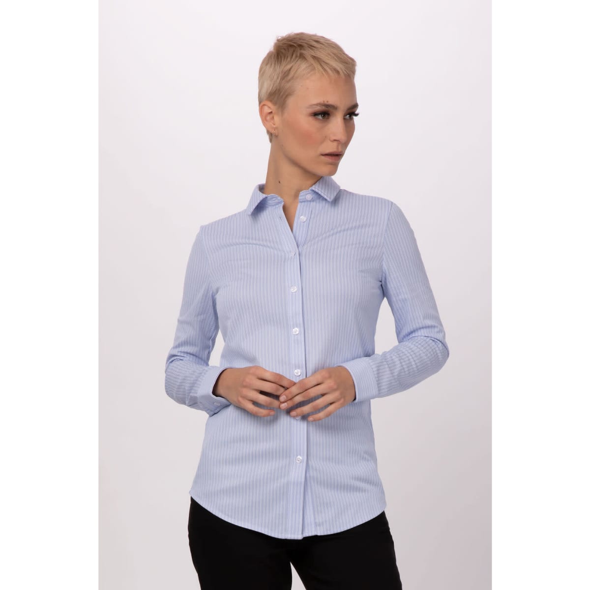 A blue striped women's shirt with a collar, featuring a fitted design and button-up front, displayed on a model.