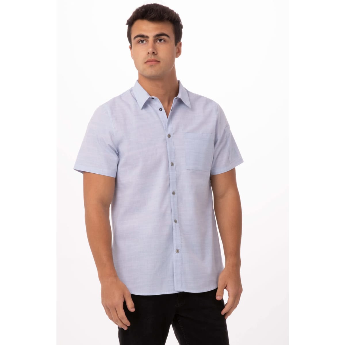 A short-sleeved men's shirt in light blue, featuring a button-up design and a single pocket, with a logo present.