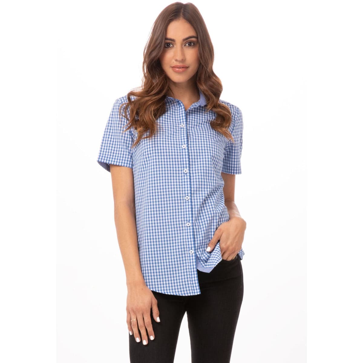 A woman's short sleeve dress shirt in blue and white gingham pattern, featuring buttons and a collar.