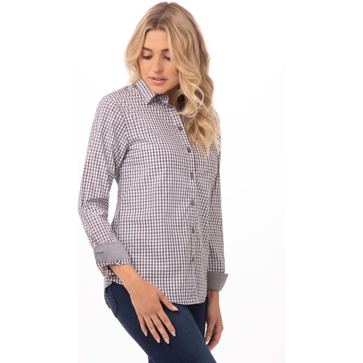 A women's long sleeve button-up shirt in grey and white gingham pattern, featuring a collar and rolled sleeves.