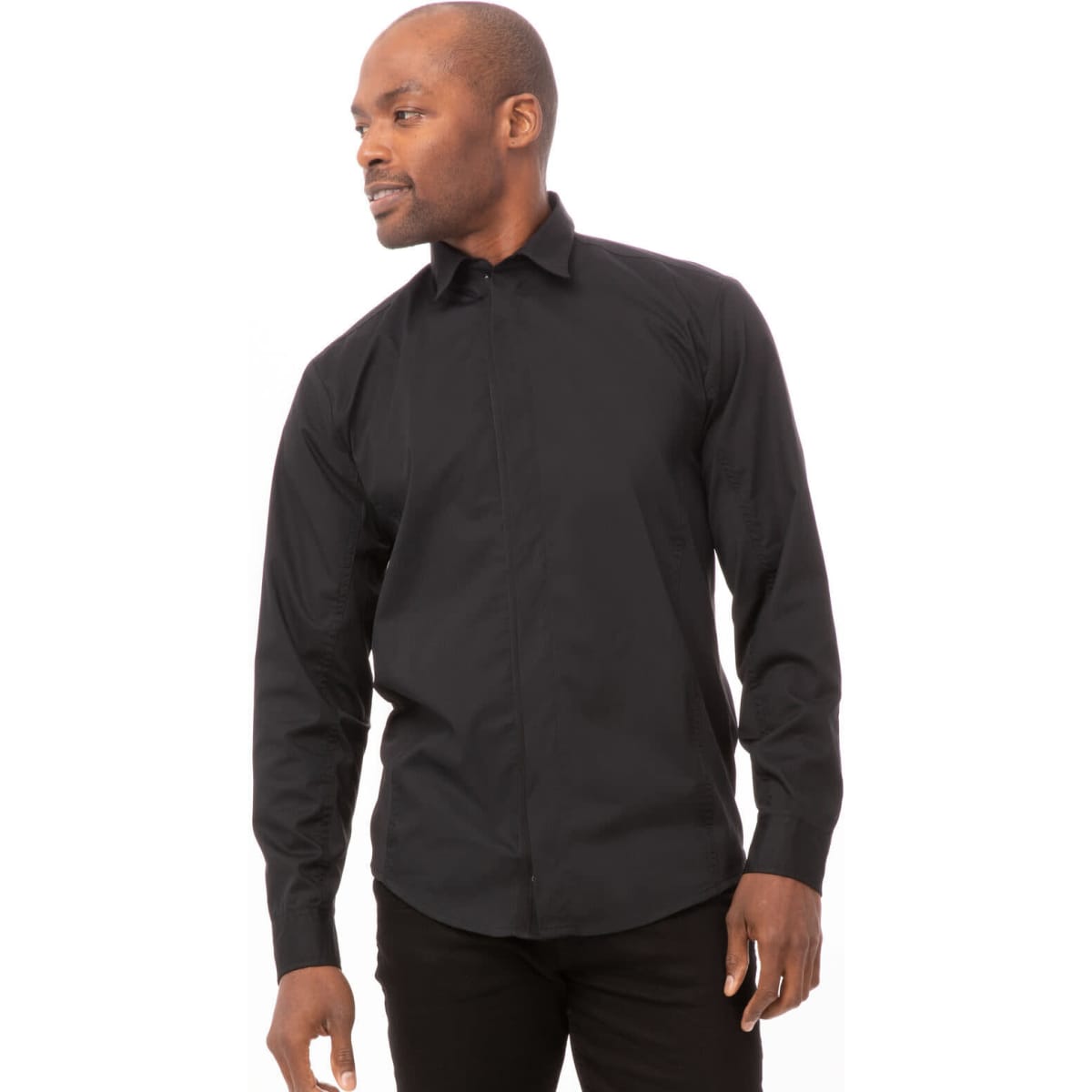 A black men's zip-front shirt with long sleeves and a fitted design, featuring a logo on the chest.
