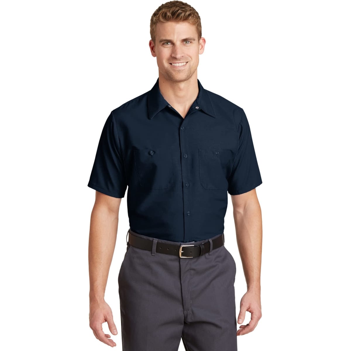 A navy short sleeve industrial work shirt displayed on a model, featuring two chest pockets and a logo.