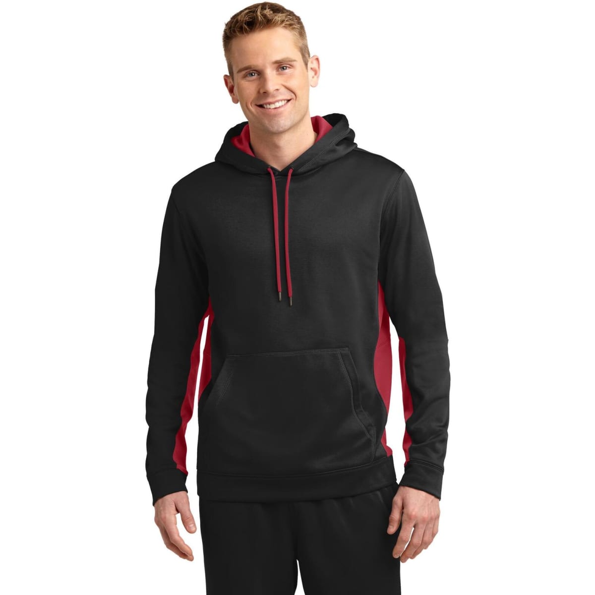 A black and red hooded pullover with a front pocket and a logo, featuring colourblock design.