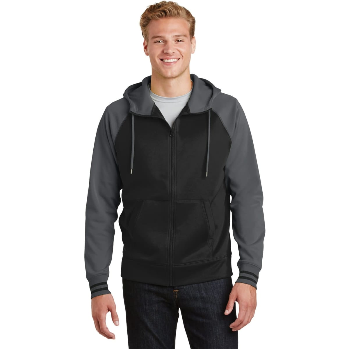 A full-zip hooded jacket in black and grey, featuring a hood and a logo.