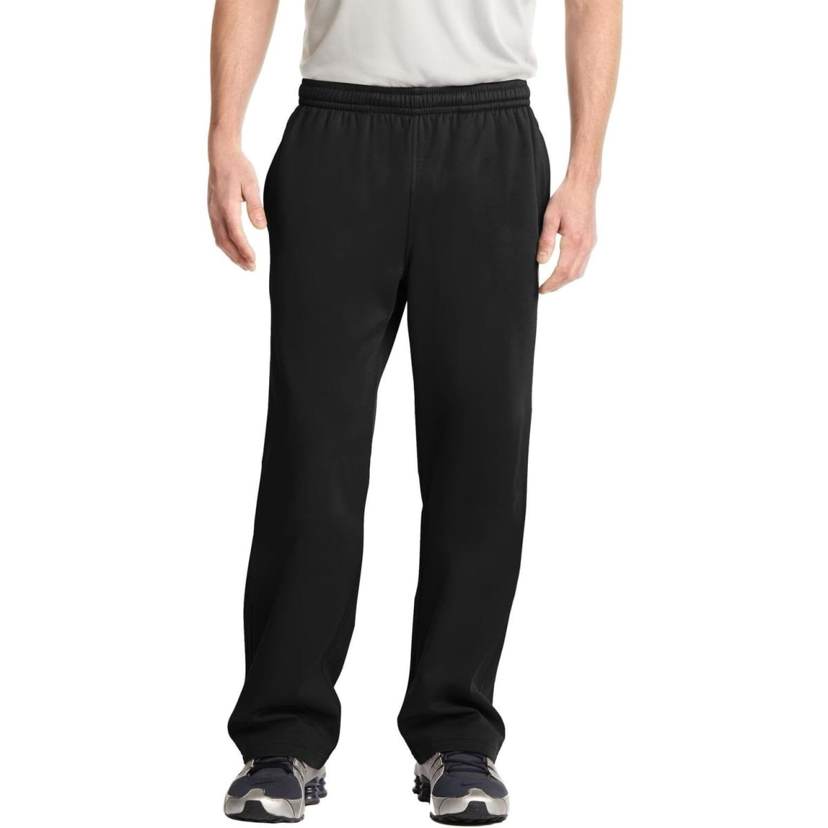 Black Sport-Tek Sport-Wick fleece pants with an elastic waistband and side pockets, featuring a logo.