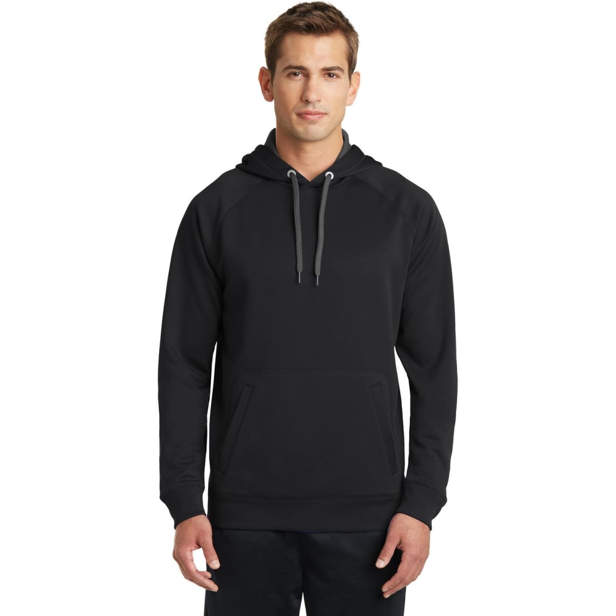 A black Sport-Tek Tech Fleece Hooded Sweatshirt with a front pocket and drawstrings. Features a logo on the front.