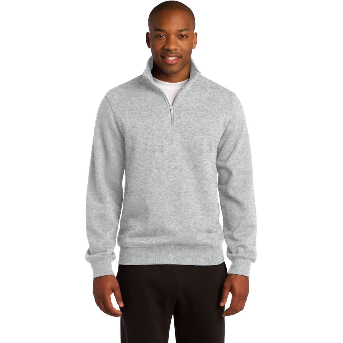 A grey Sport-Tek 1/4-zip sweatshirt on a model, featuring a collar and long sleeves.