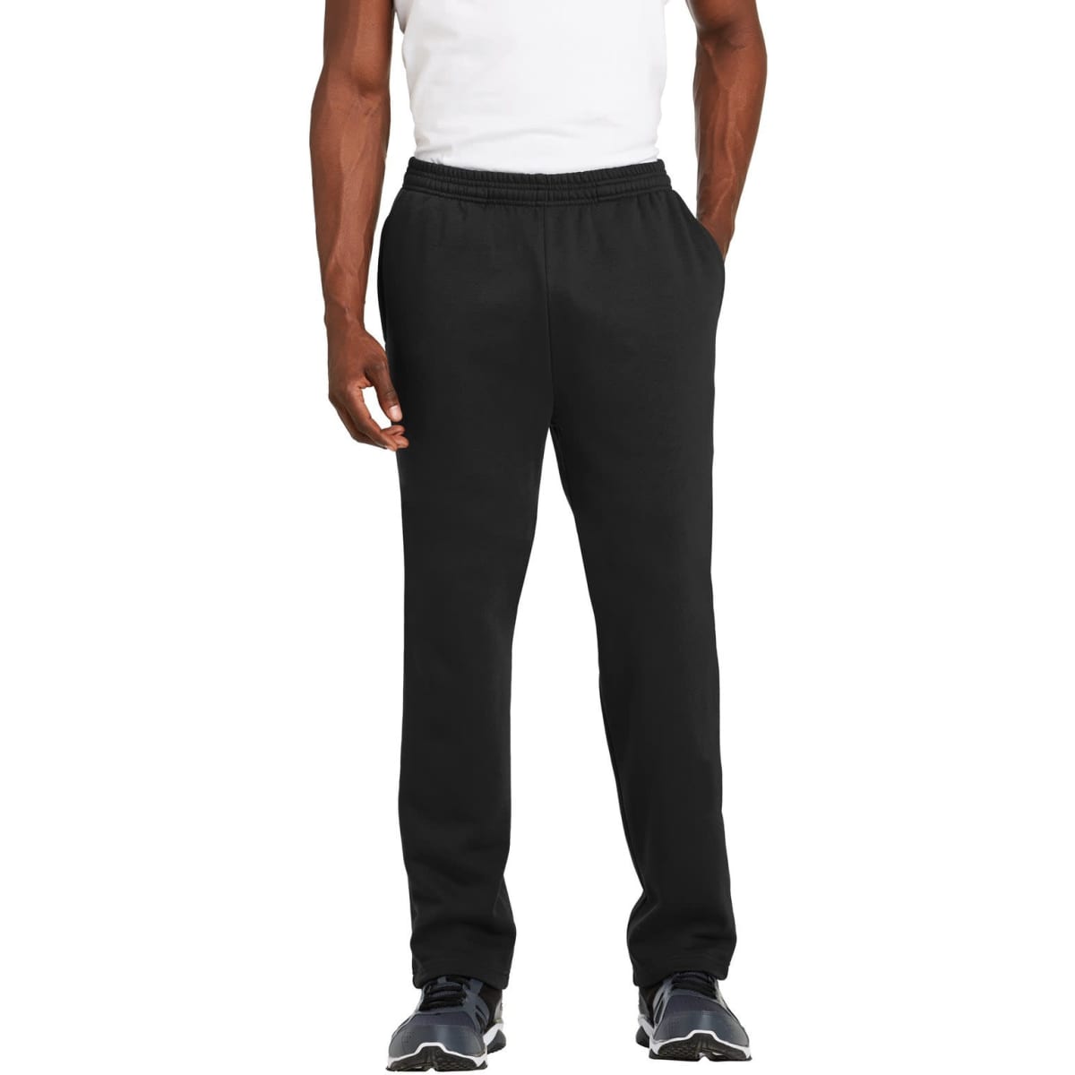 Black sweatpants with an open bottom design and an elastic waistband, worn by a person standing.