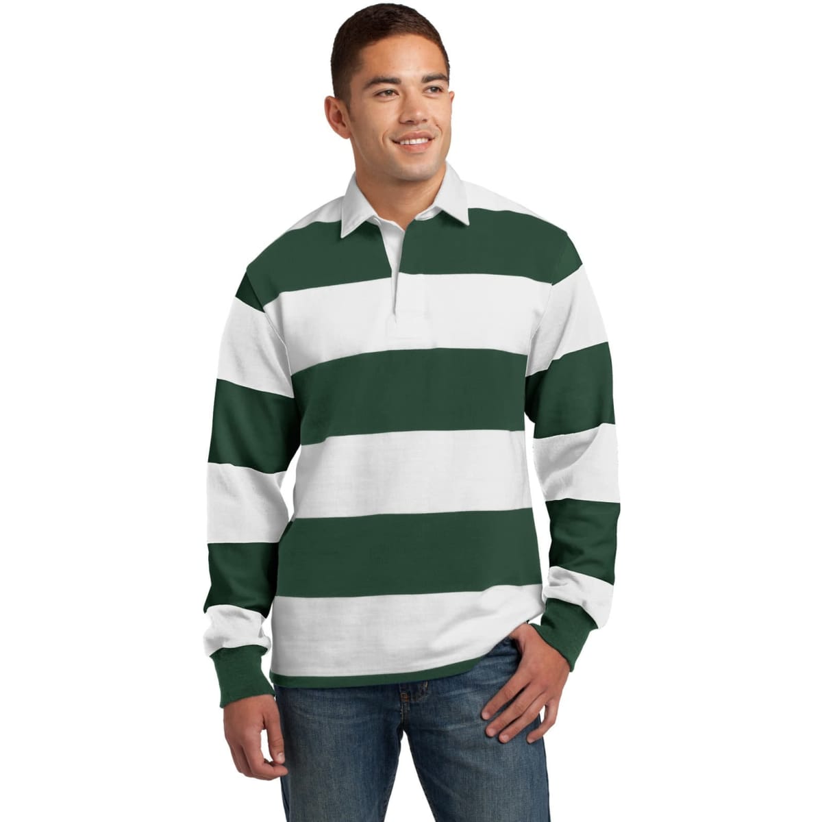A man wearing a green and white striped long sleeve rugby polo shirt with a collar. The shirt features a logo.