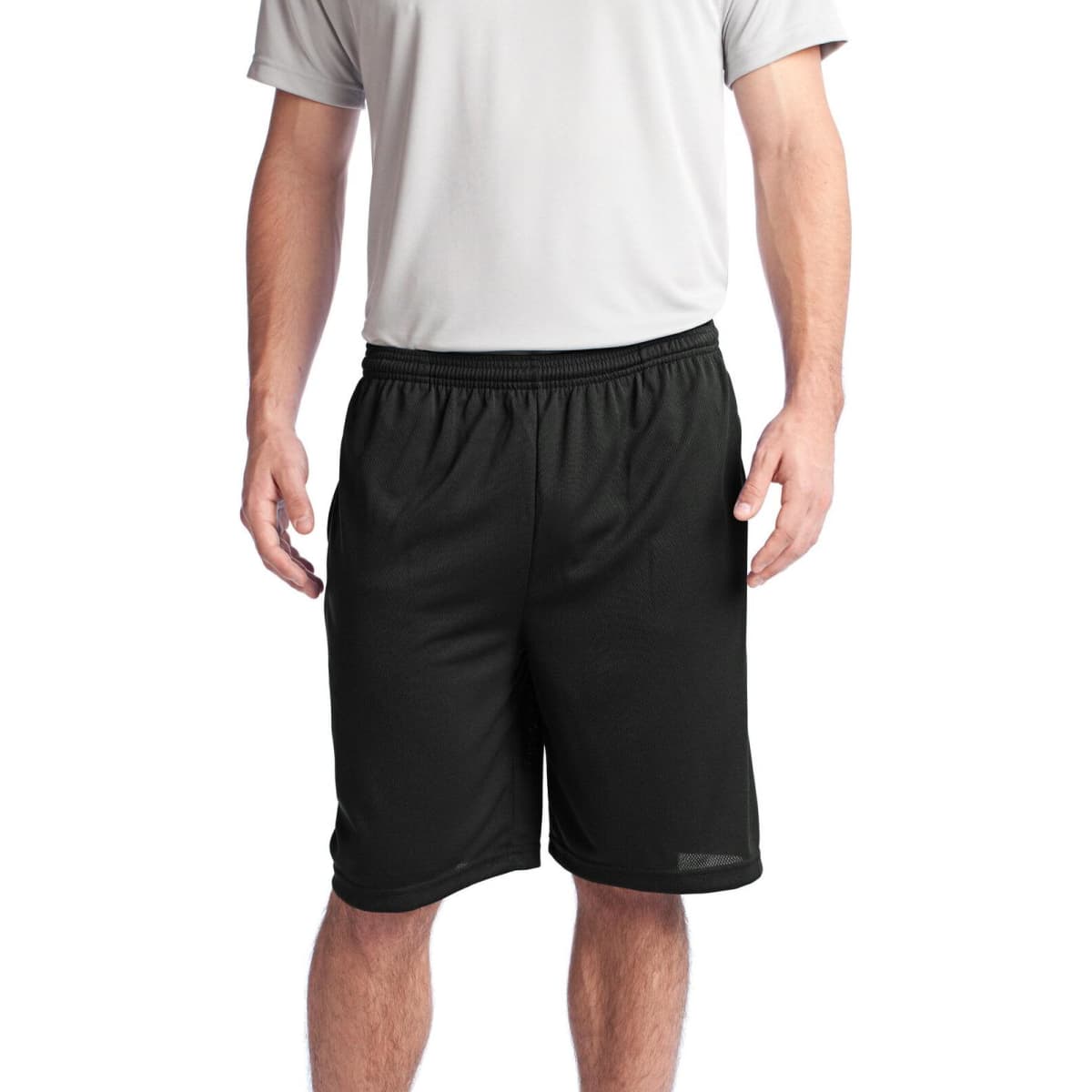 Black sports shorts with an elastic waistband and mesh pockets, suitable for athletic wear, featuring a logo.
